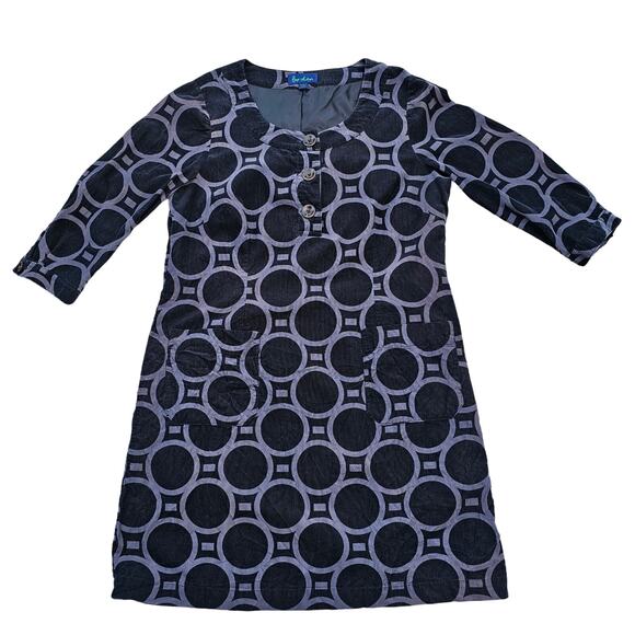 Corduroy Dress Boden Size M Black Gray Circle Print Button Crop Sleeve Pockets - Picture 9 of 9